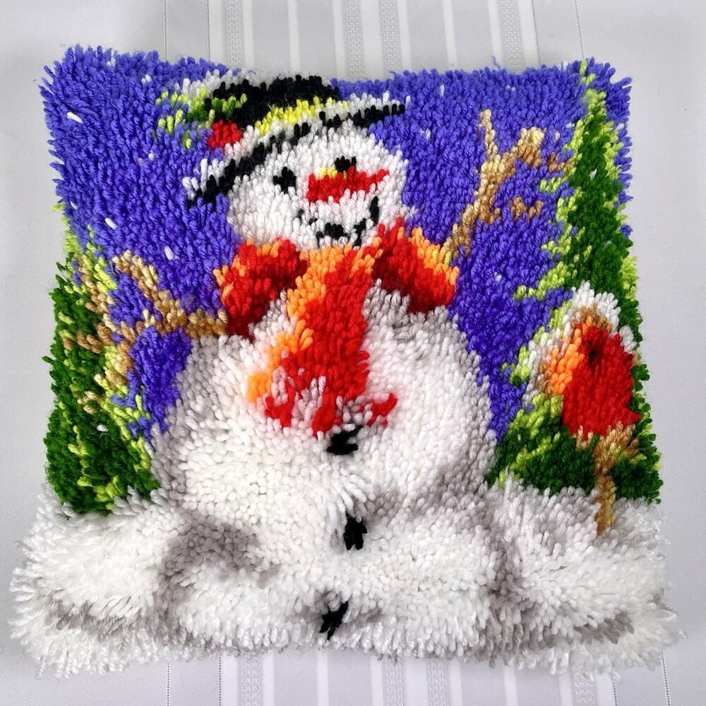 Vintage Latch Hook Shag Christmas Pillow Snowman with Scarf Winter 16” Holiday